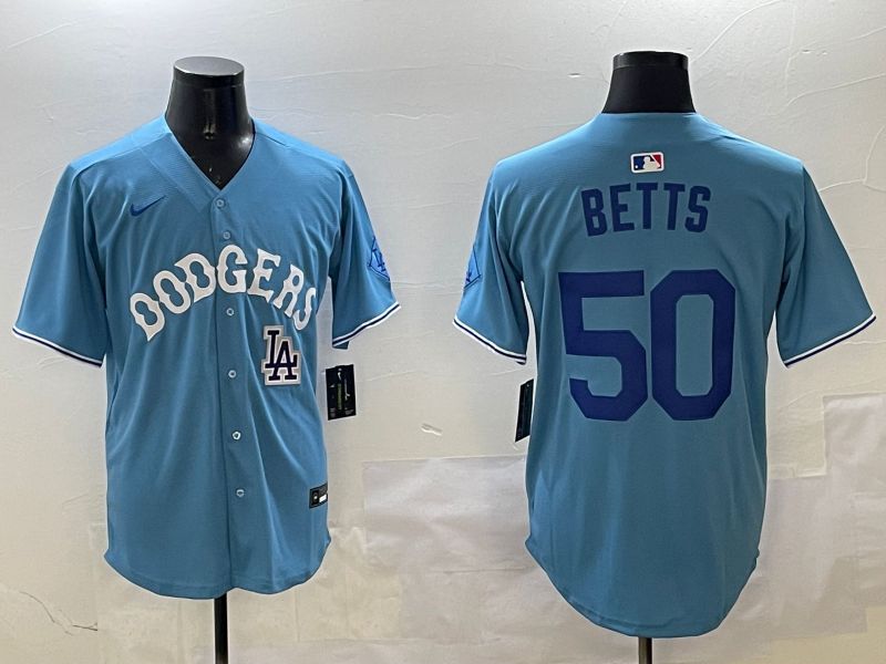 Men Los Angeles Dodgers #50 Betts Light Blue Throwback Game 2025 Nike MLB Jersey style 24